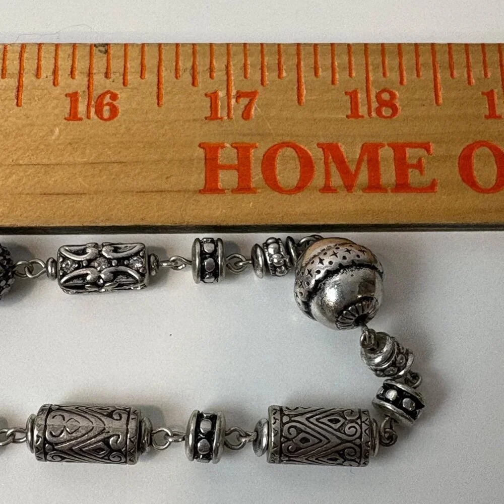 Chicos‎ Silver-Tone Beaded Necklace  Intricate Designs & Lobster Clasp 36”